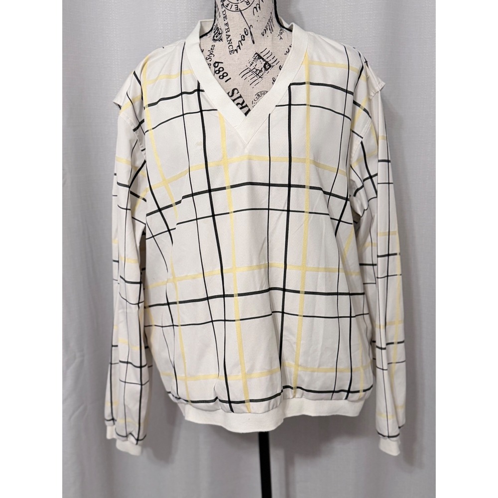 Lizgolf Liz Claiborne Plaid V-Neck Windbreaker Pullover XL Cream Yellow Black